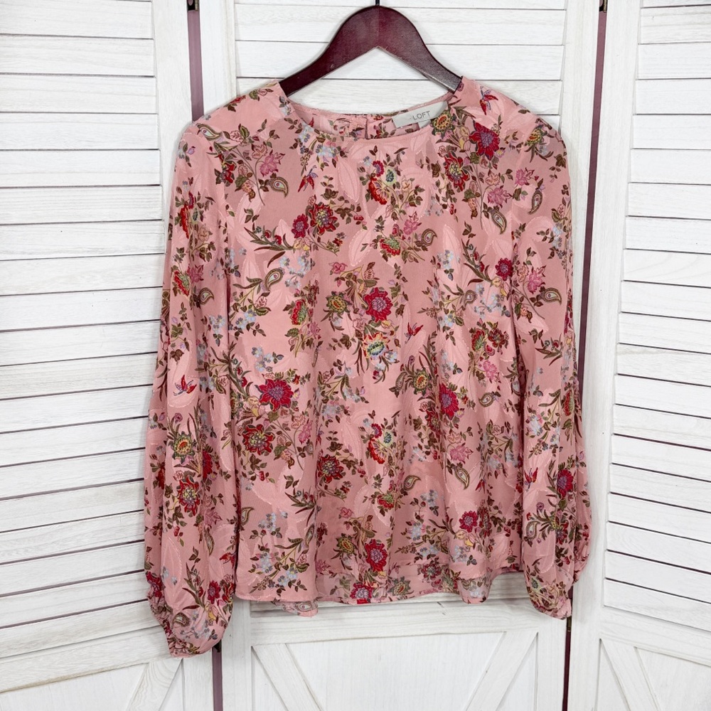 Loft Floral Jacquard Ballon Sleeve Blouse Pink Satin Boho Career Cottagecore S - Picture 8 of 13